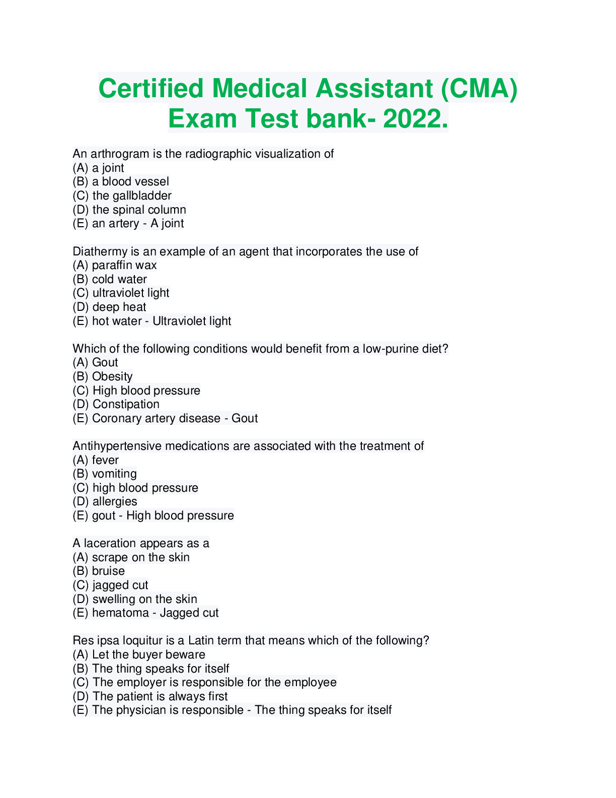 Preview image for Certified Medical Assistant (CMA) Exam Test Bank (updated June 2022.